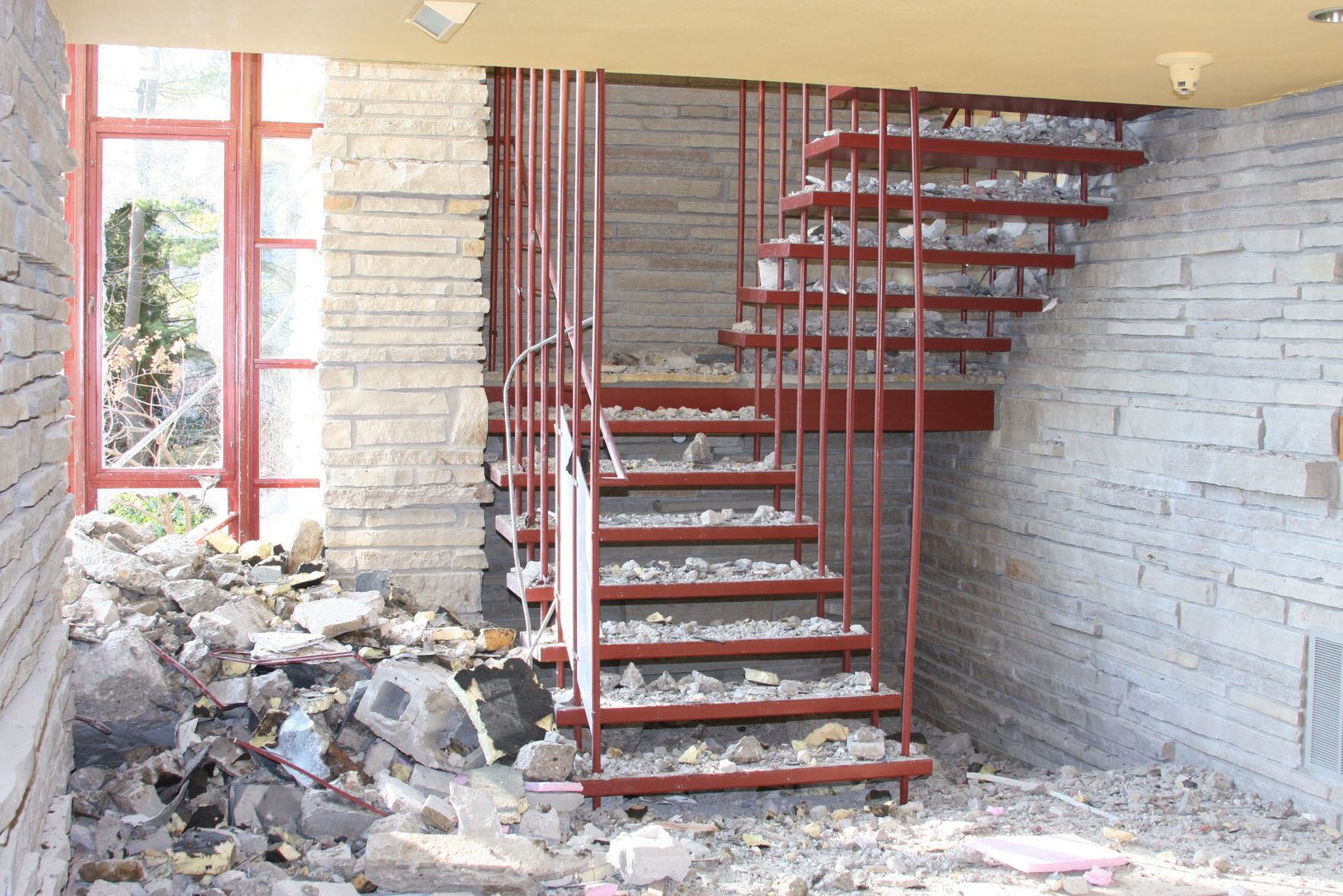 Stairs covered with debris